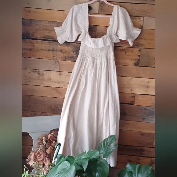 Smocked Cream Maxi Dress with Puff Sleeves - Picture 10 of 13